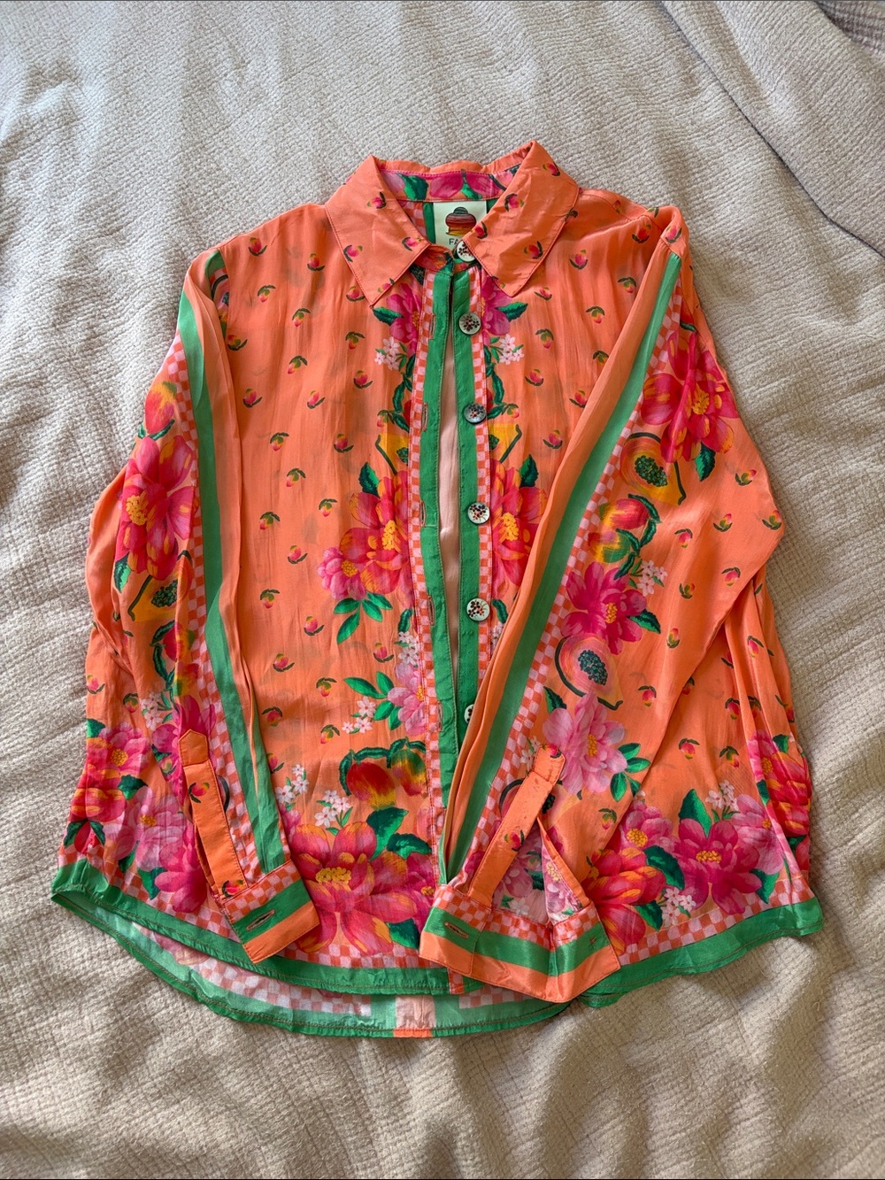 FARM Rio Coral Floral Button-Up Blouse with Pink & Green Accents
